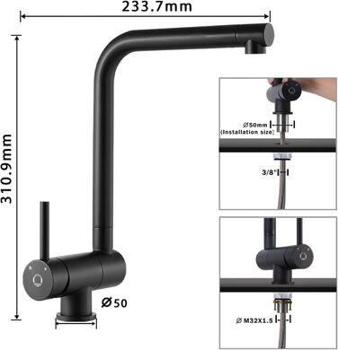 Кухонний змішувач CECIPA Vorfenster чорного матового кольору, високого тиску, з нержавіючої сталі, з гнучким виливом, поворотний на 360°
