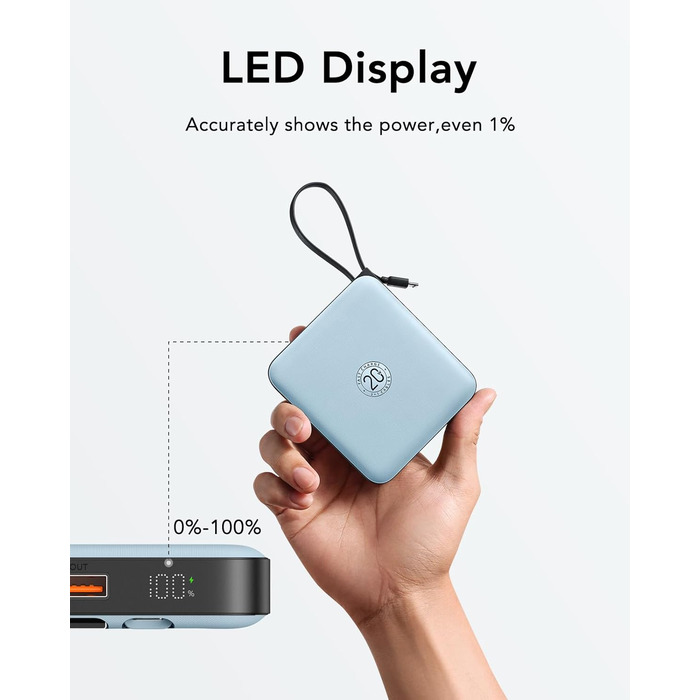 Power Bank VRURC 10000mAh з кабелем: компактний акумулятор USB-C, швидка зарядка 22.5W, LED-індикатор, сумісний з iPhone, Huawei