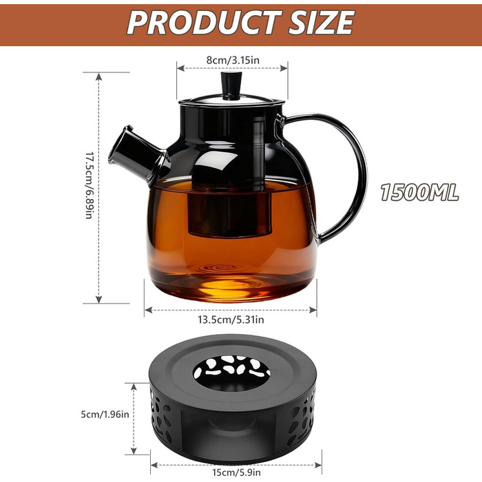 Скляний чайник для чаю з підставкою-підігрівачем та ситом, 1500 мл, заварник для листового та фруктового чаю