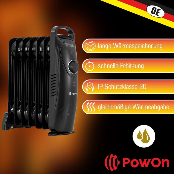 Електричний масляний радіатор PowOn 600W, 7 ребер, 30x14x38 см - енергозберігаючий опалювач