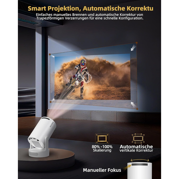 Beautiebeam Beamer: Міні проектор 4K з підтримкою 1080P, Android 11, Bluetooth 5.0, Wi-Fi 6, Автоматична корекція трапеції, для дому та на відкритому повітрі