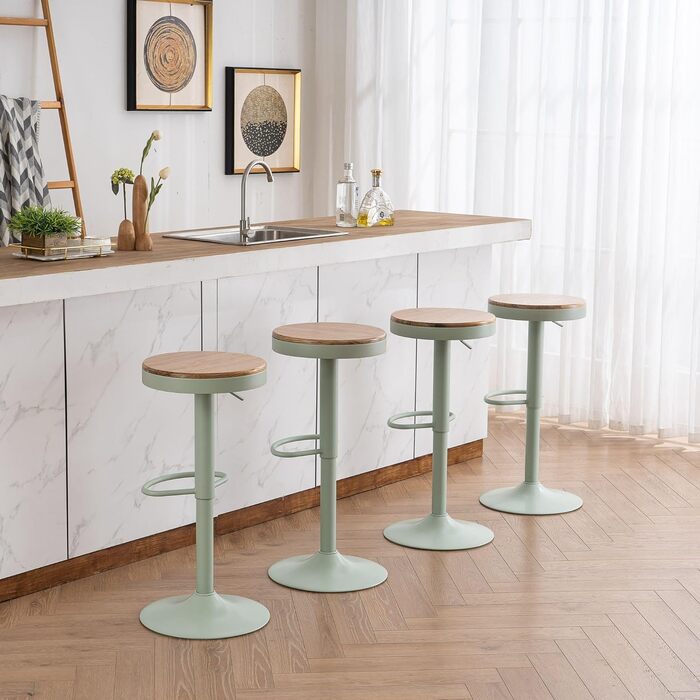 YOUNIKE Adjustable Bar Stools Set of 2 - Wooden Swivel Bar Height Stools with Footrest for Kitchen & Bar - Vintage Green