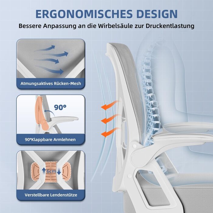 Ергономічне крісло для офісу, крісло для робочого столу з підйомними підлокітниками, регульована поперекова підтримка, офісне крісло для керівника, поворотне крісло, сітчасте крісло з функцією гойдання до 125° (Сірий, без підголівника)
