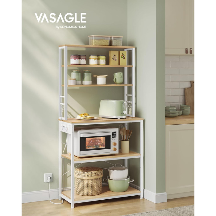 Стелаж кухонний VASAGLE з розетками, 6 полиць, гачки, сталевий каркас, 40x60x167 см, колір горіх + білий