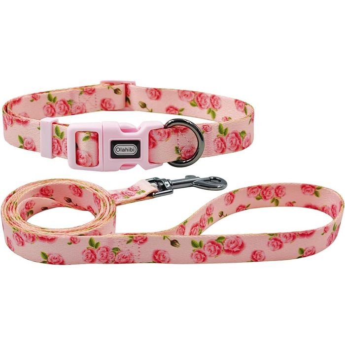 Нашийник та поводок для собак Комбі-ет, леопардовий принт, поліестер, 150 см, повід з панде, для маленьких собак (колір коричневий леопард), набір (рожевий, з розами)