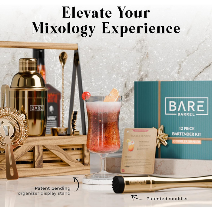 Набір бармена для приготування коктейлів, 12 предметів: шейкер, інструменти, підставка, рецепти. Преміум якість, подарунковий набір для дому (Золотий, 680 мл)