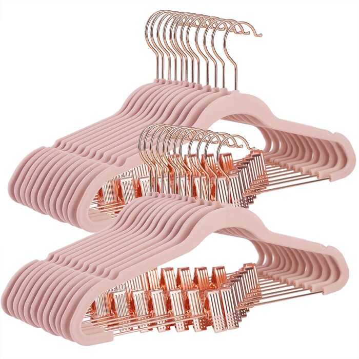 SONGMICS Clothes Hangers, 24 Pack, 42 cm, Clothes Hangers with Adjustable Clamps and Gold-Colored Hooks, Non-Slip, Space-Saving, for Skirts, Light Pink CRF14PK24, Standard, Pink (Light)