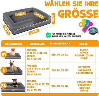 Orthopedic Dog Bed, Dog Cushion, Dog Basket Relax, Incl. Bowl + 3X Chew Bones, Dog Sofa for Small, Medium & Large Dogs, Removable and Washable Cover, 91x71x22cm Anthracite