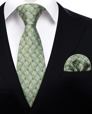 HISDERN Комплект краватки та нагрудного хустинки для чоловіків: зелено-жовтий принт, класичний стиль, для весілля та ділових зустрічей