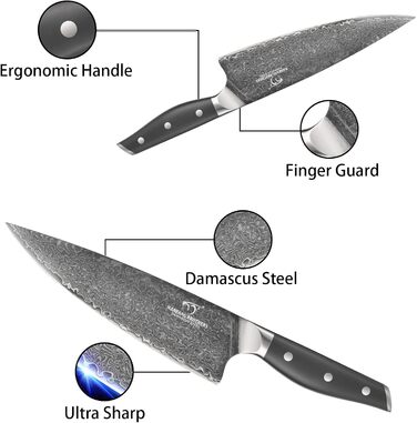 Набір кухонних ножів NANFANG BROTHERS Damascus 7 предметів з підставкою, нековзна ручка ABS, високоякісна нержавіюча сталь, ніж шеф-кухаря, хлібний ніж, ніж сантоку, ніж для очищення, ножиці