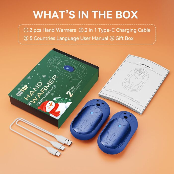 Електричні грілки для рук 6000mAh, 2 шт. Перезаряджувані кишенькові грілки, акумуляторні, USB-C, 3 режими нагріву, подарунок для жінок, чоловіків, дітей, катання на лижах, піших прогулянок (Блакитний)