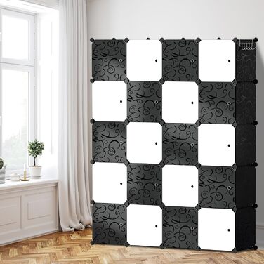 DIY Closet Shelf System, 16 Cubes Wardrobe Closet, Open Closet, Plastic Wardrobe with Doors, Wardrobe Cabinet, Black, 180 x 142 x 37CM (Black and White, 20 Cubes)