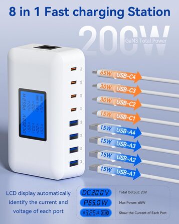 Зарядний пристрій USB-C 200W, 8 портів, LCD-дисплей, PD 65W для MacBook, iPad, iPhone 16/15/14/13 Pro/Max, Samsung S24/S23 - Чорний
