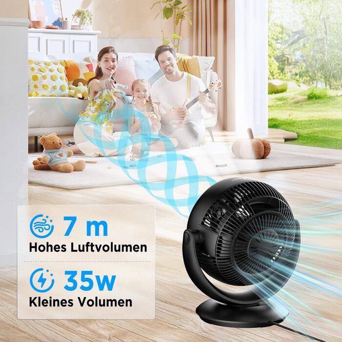 Вентилятор EasyAcc тихий, 25dB, настільний, з авто-осциляцією 90°, 3D Turbo, з пультом, 3 швидкості, таймер 2-12 годин, для спальні - чорний