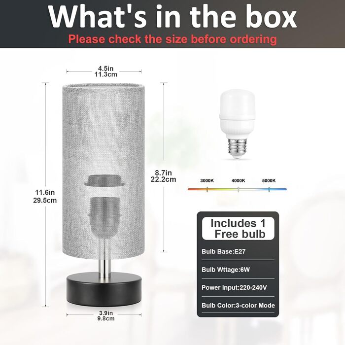 Настільна лампа Kakanuo з 3 режимами кольору, біла, з вимикачем, абажур з льону, для вітальні, спальні, офісу, дитячої кімнати (LED лампа в комплекті), колір: білий+чорний (сірий+чорний)