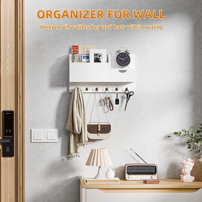 Настінна органайзер для ключів з 6 гачками та шухлядою, дерев'яний, для дому, офісу (білий)