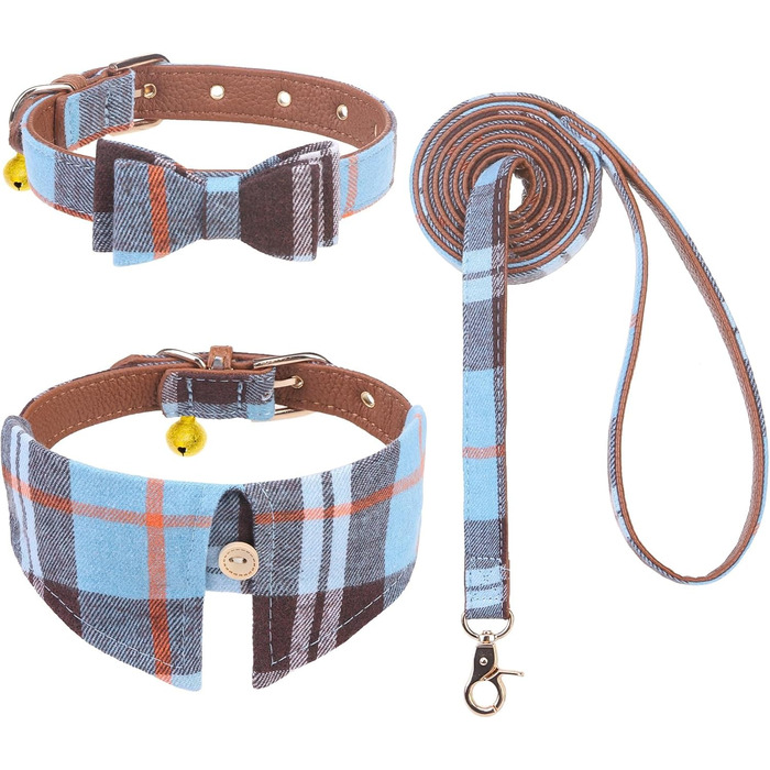 Набір аксесуарів для собак ExPawlorer: ошийник та поводок з бантиком у клітинку, регульований, з дзвіночком, 3 шт. (Himmelblau, X-Small)