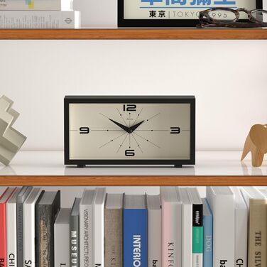 JONES CLOCKS® Desk Clock 'Odeon' – modern rectangular design in black, stylish retro look for shelf, table, mantelpiece or bedside table