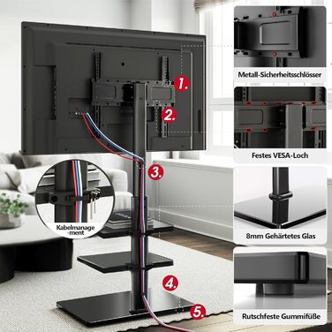 AOKCOS TV Stand for 32-70 inch Flat & Curved TVs - Adjustable Height, Swivel, Tilt, 3-Tier Shelves, VESA 400x400, up to 40kg (White/Black)