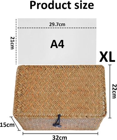Woven Rattan Storage Basket, Storage Box with Lid, Seagrass, Laundry Baskets, Makeup Organizer for Bathroom, Living Room, Kitchen (XL)