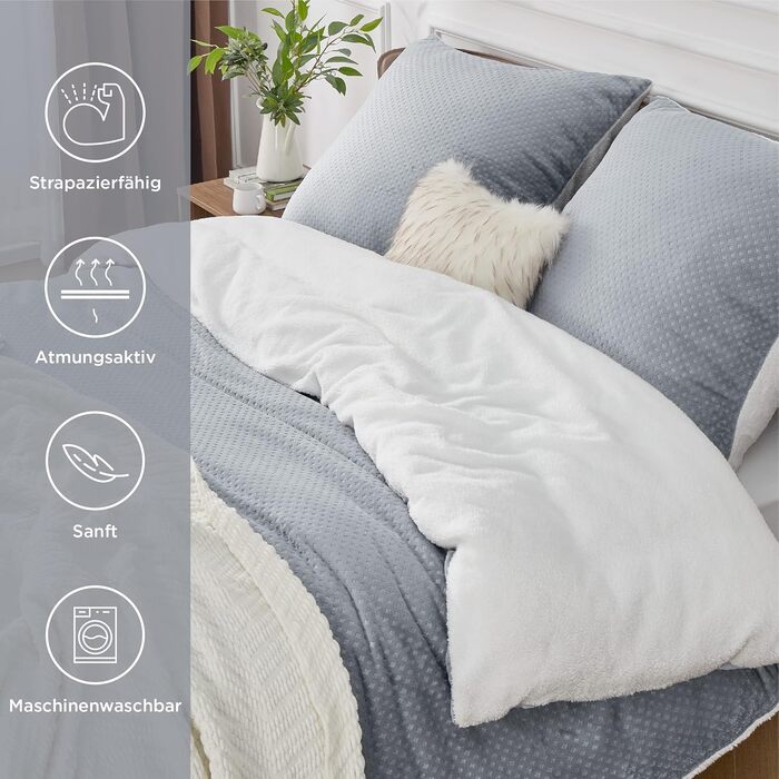 BEDSURE Флаєцева постільна білизна 155x220 сіра - зимовий ковдрий комплект з 2 наволочками 80x80 см, тепла постільна білизна з блискавкою, вафельна постільна білизна для двоспального ліжка 155 x 220 см сірого кольору