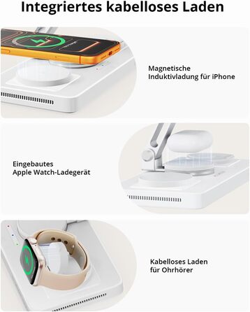 Зарядна станція Geekera 4-в-1 для Apple: кабель для iPad, магнітна бездротова зарядка iPhone Air/12-17, Apple Watch, AirPods (Металевий білий)