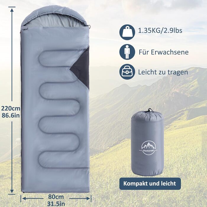 Дитячі спальні мішки для кемпінгу та подорожей - компактні, легкі, водонепроникні, 3-сезонні, з сумкою для перенесення, для хлопчиків та дівчаток (Сірий)