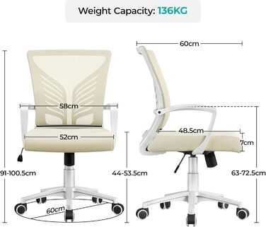 Офісне крісло Yaheetech ергономічне з регулюванням висоти, поворотне, з м'яким сидінням, для офісу/кабінету, бежеве