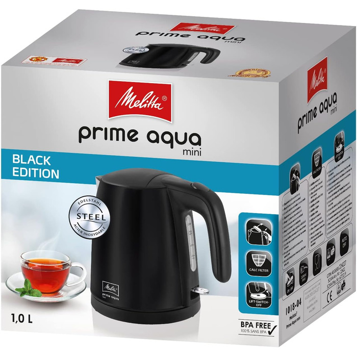 Електричний чайник MELITTA Prime Aqua mini, 1.0 л, 2200 Вт, чорний, нержавіюча сталь