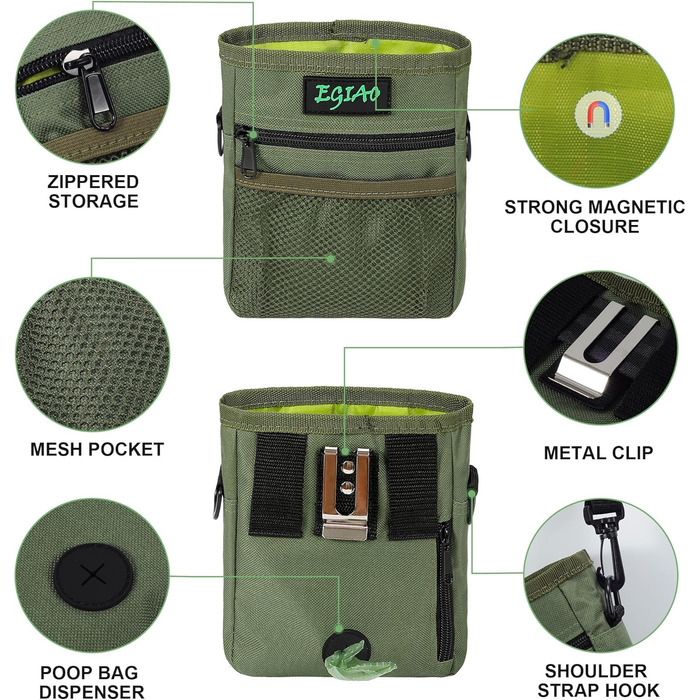 Сумка для ласощів для собак з мискою, клікером та пакетами для прибирання, Зелена