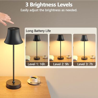 Світлодіодний настільний світильник акумуляторний бездротовий чорний, диммується, водонепроникний IP54