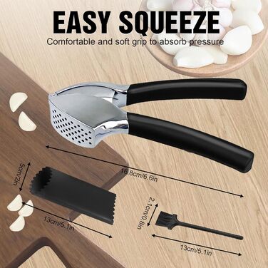 Прес для часнику з нержавіючої сталі - багатофункціональний прес для часнику з силіконовим очищувачем та щіткою для чищення. Прес для часнику, придатний для миття в посудомийній машині. Чорний + срібний