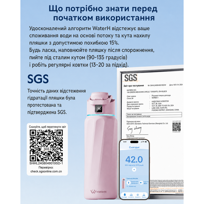 Розумна пляшка для води WATERH Boost з нагадуванням та трекером, 946 мл, нержавіюча сталь, рожева