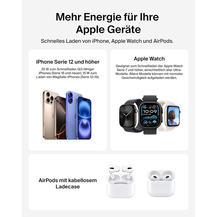 Зарядний станція Belkin UltraCharge 3 в 1 з Qi2.2, 25W, сумісна з MagSafe, для iPhone, AirPods, Apple Watch, Pixel, з адаптером 45W - Чорний