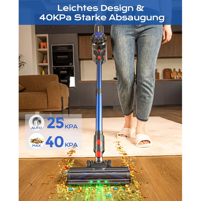 Бездротовий акумуляторний пилосос Ivormentico 50 хв / 40 кПа / 450 Вт з LED, для видалення шерсті тварин, темно-синій