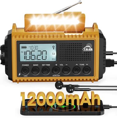 Радіоприймач Kurbelradio 12000mAh з сонячною панеллю та ручкою, AM/FM/SW, USB-зарядка, ліхтарик, SOS-сигнал, для кемпінгу та надзвичайних ситуацій, зелений