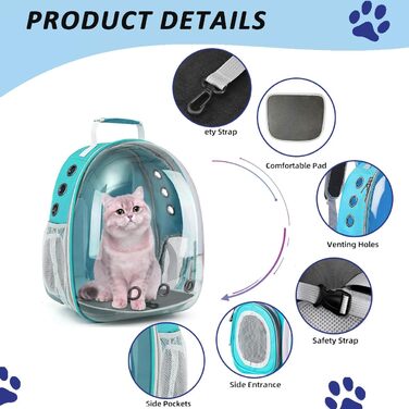 Рюкзак-переноска для котів та маленьких собак, розширюваний, з прозорим вікном та блискавкою, для подорожей та походів (розширювана спинка), блакитний