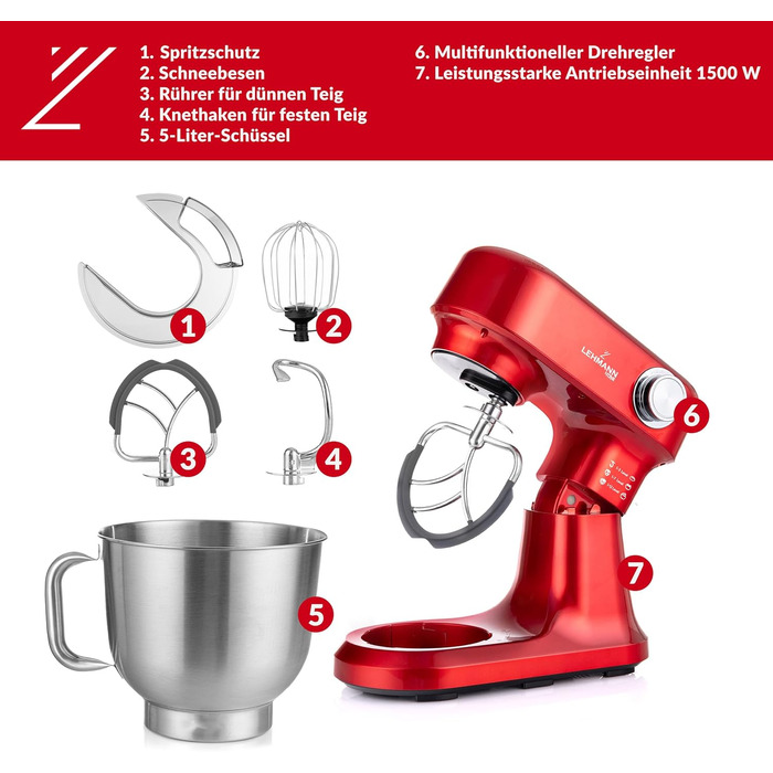 Кухонна машина LEHMANN 1500W з набором аксесуарів, планетарний міксер з чашею 5л, 12 швидкостей, захист від перегріву, червоний