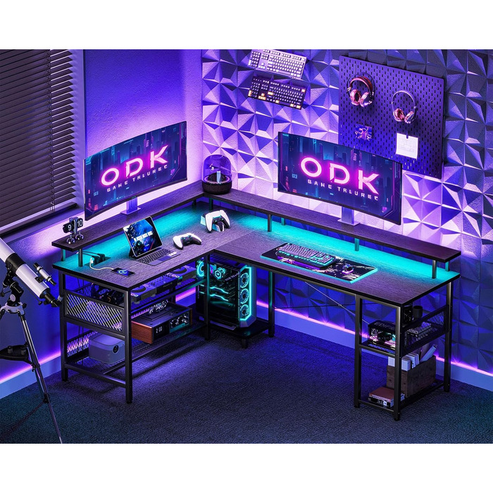 Ігровий стіл ODK з LED-підсвіткою, кутовий, з 2 розетками та 2 USB-портами, великий чорний письмовий стіл 168×120 см з сітчастою полицею
