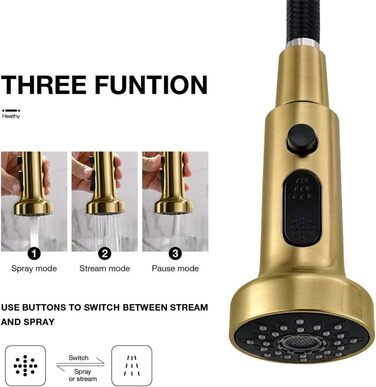 Змішувач для кухні з висувною лійкою, 360° обертання, щіткове золото, одноручний, для кухні