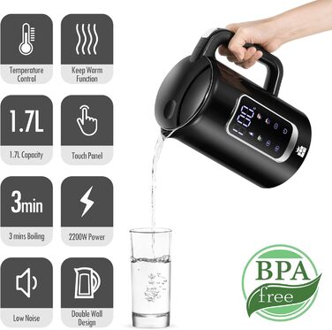 Електричний чайник ForMe з нержавіючої сталі, 1,7 л, регулювання температури 40-100°C, LED дисплей, функція підтримання тепла, без BPA (чорний)