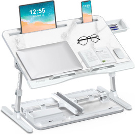Столик для ноутбука Potuopy з регулюванням висоти та кута нахилу, X-Large, для роботи, читання та їжі на ліжку/софі, 60*40 см, білий мармур
