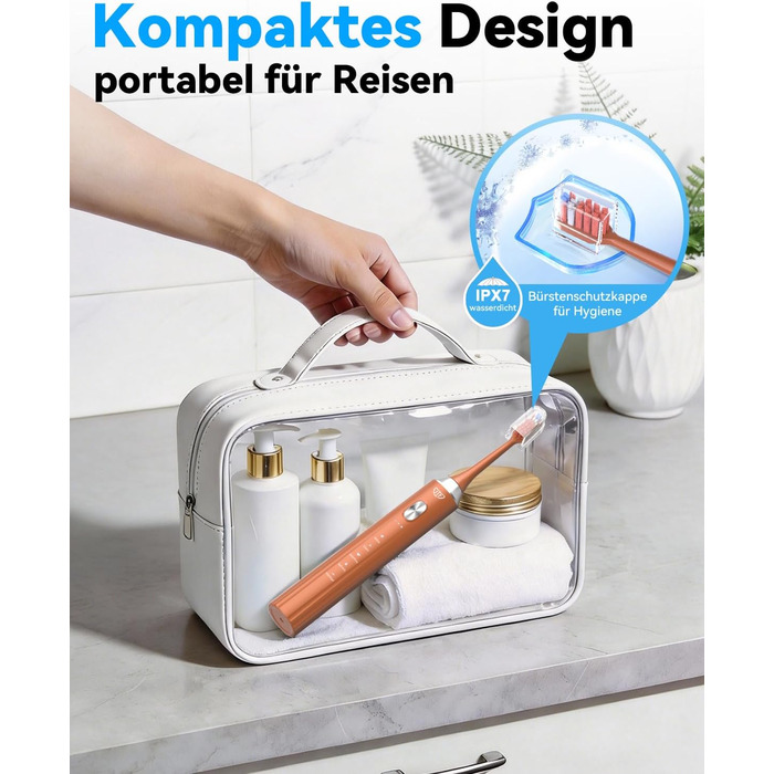 Електрична звукова зубна щітка JTF з УФ-дезінфекцією та сушінням, бездротова зарядка, 5 режимів чищення, 6 насадок, стаканчик для полоскання, акумуляторна для дому та подорожей (Помаранчева)