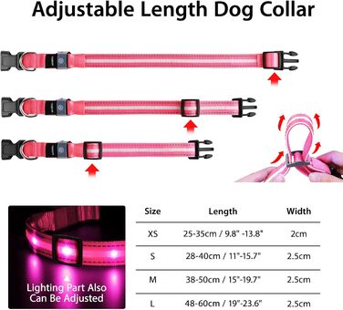 Світловідбиваючий нашийник для собак ASBRILL з LED підсвічуванням, водонепроникний, регульований, 3 режими освітлення, для маленьких, середніх та великих собак (XS, Рожевий)