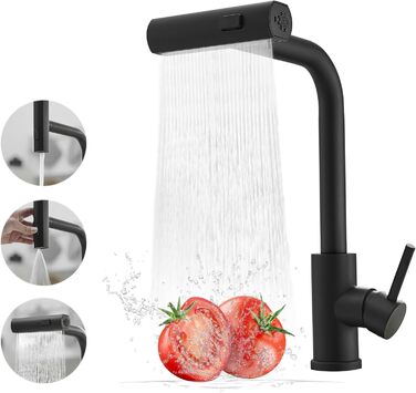 Чорний кухонний змішувач водопровідний з висувною лійкою та душем, 360° обертання, одноlever, матовий чорний