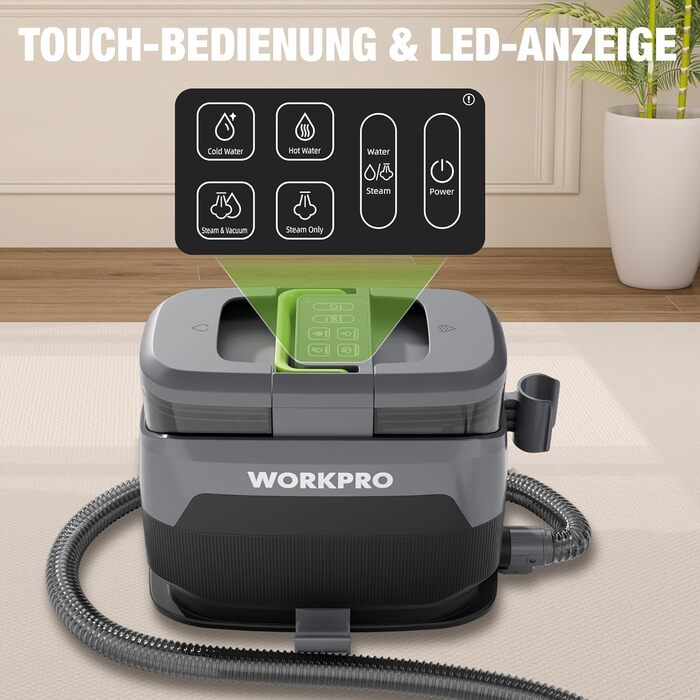 WORKPRO Мийний пилосос для килимів та м'яких меблів, 16 kPa, 4 режими очищення, насадки для килимів, диванів, матраців, вікон, видалення тваринських плям