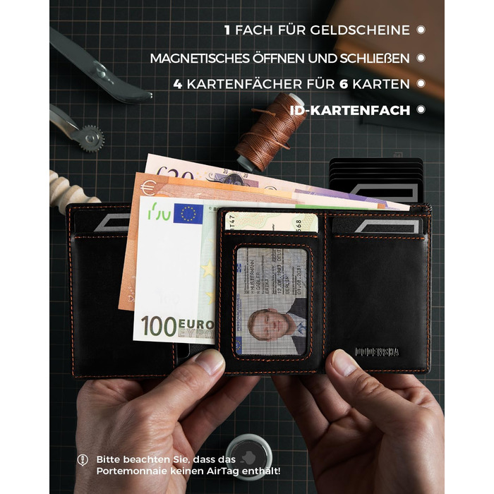 Портмоне DODENSHA® MagSnap для чоловіків з RFID захистом, відділенням для AirTag, картхолдером та відділенням для монет. Чорно-помаранчевий колір.