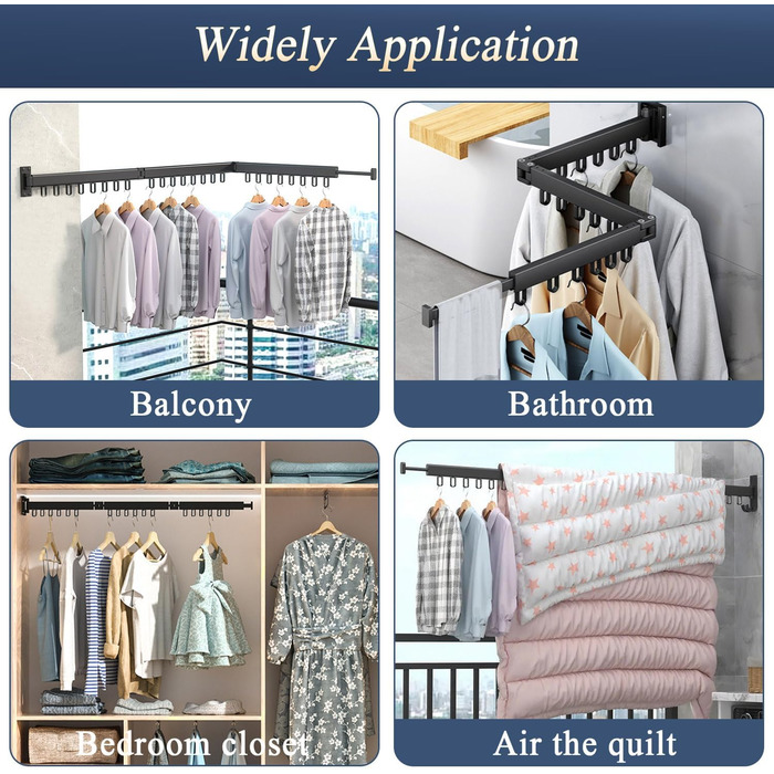Настінна сушилка для білизни розкладна 120 см, висувна штанга з 18 гачками, сушарка для одягу на стіну, тримач для рушників (чорний)