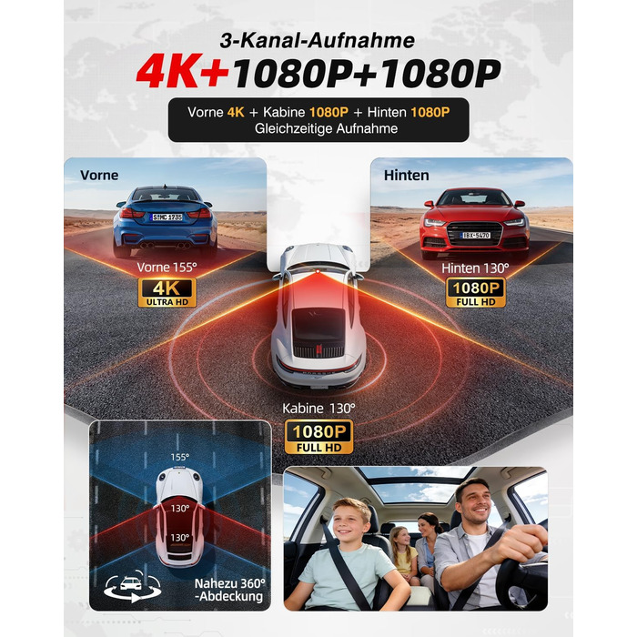 3-канальний автомобільний відеореєстратор 4K STARVIS 2 (передній, внутрішній, задній), 360° камера, нічна зйомка, HDR, WiFi 6, GPS, паркування 24г, G-сенсор, карта 64ГБ, чорний