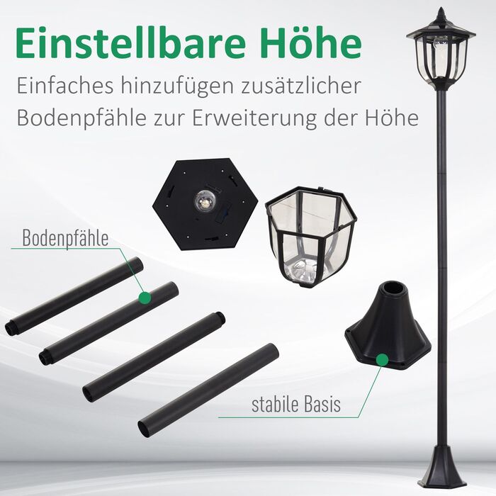 Сонячне освітлення для саду Outsunny – LED ліхтар для саду та тераси, 30/60 люмен, пластик, чорний, Ø26,5 x H177 см. Ідеально підходить для саду та тераси.